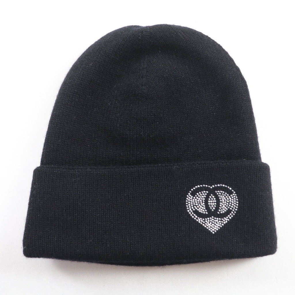 Chanel Cashmere 100% CC Logo Knit Cap with Rhinestone Black Hat