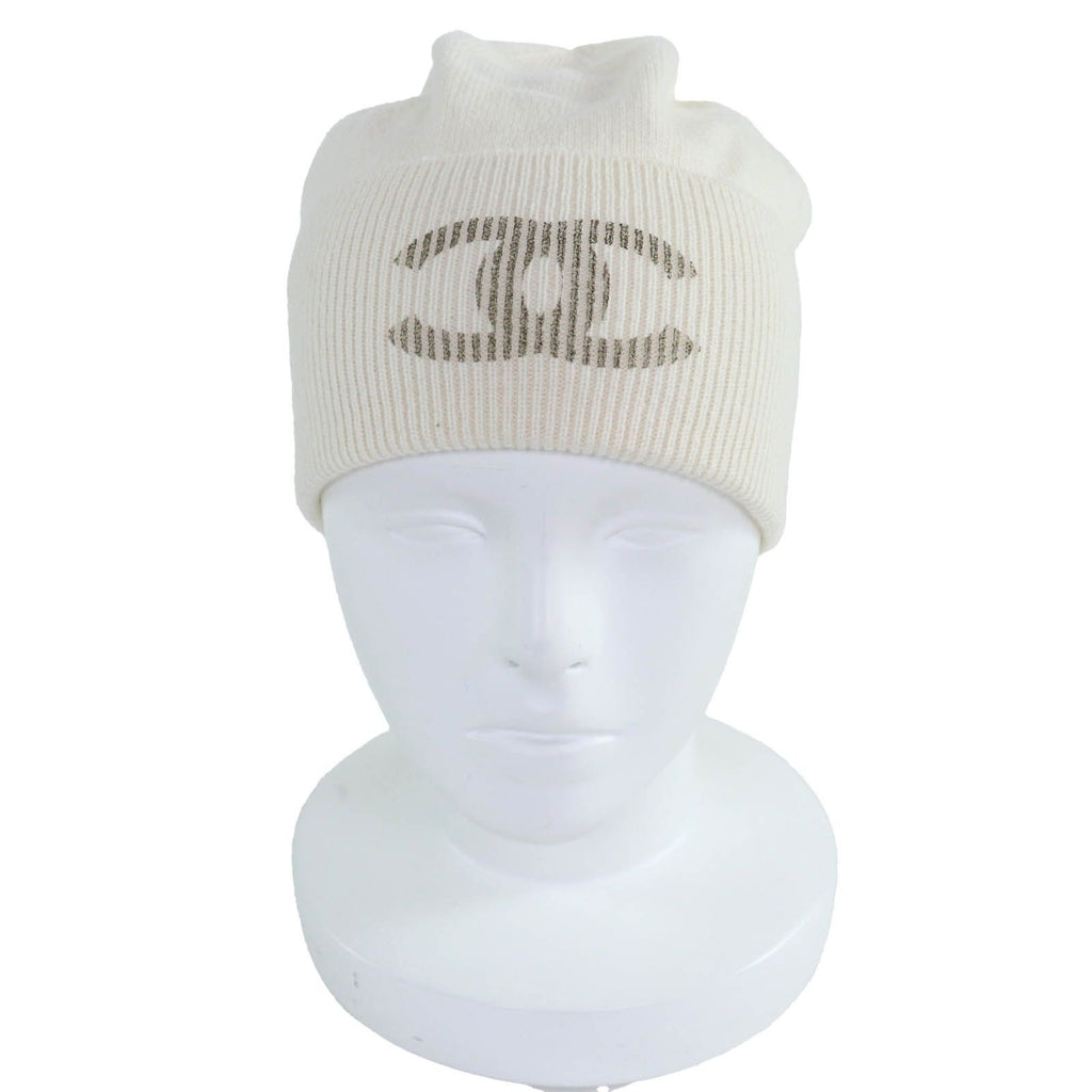 Chanel Cashmere 100% CC Logo Knit Cap Ivory Hat — view 3
