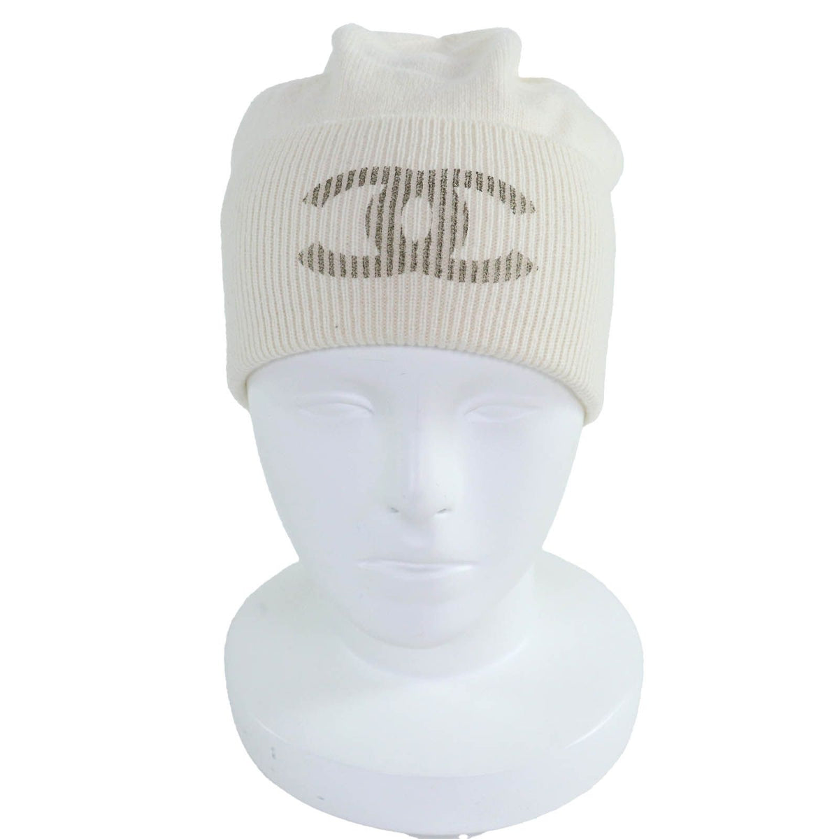 Chanel Cashmere 100% CC Logo Knit Cap Ivory Hat — view 3