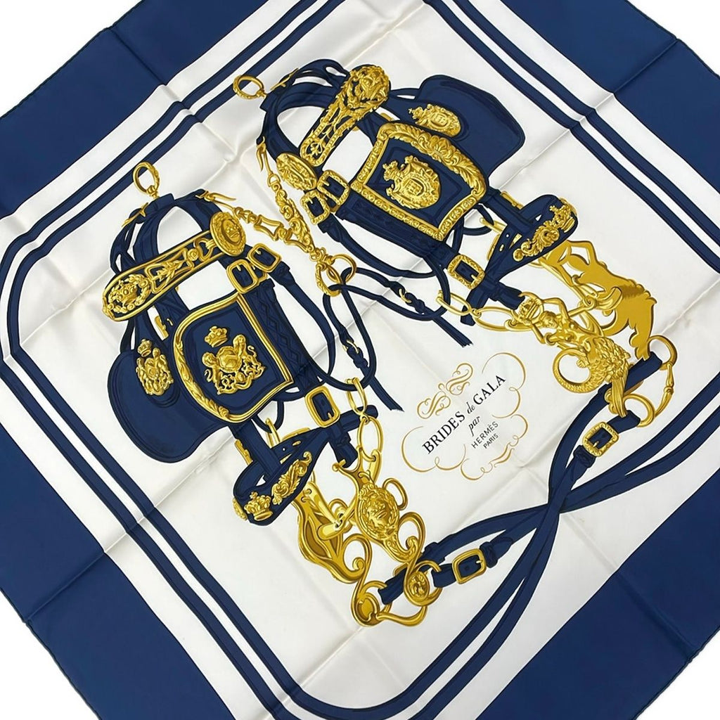 Hermes Scarf Carre 90 Dark Navy White Gold Brides de Gala