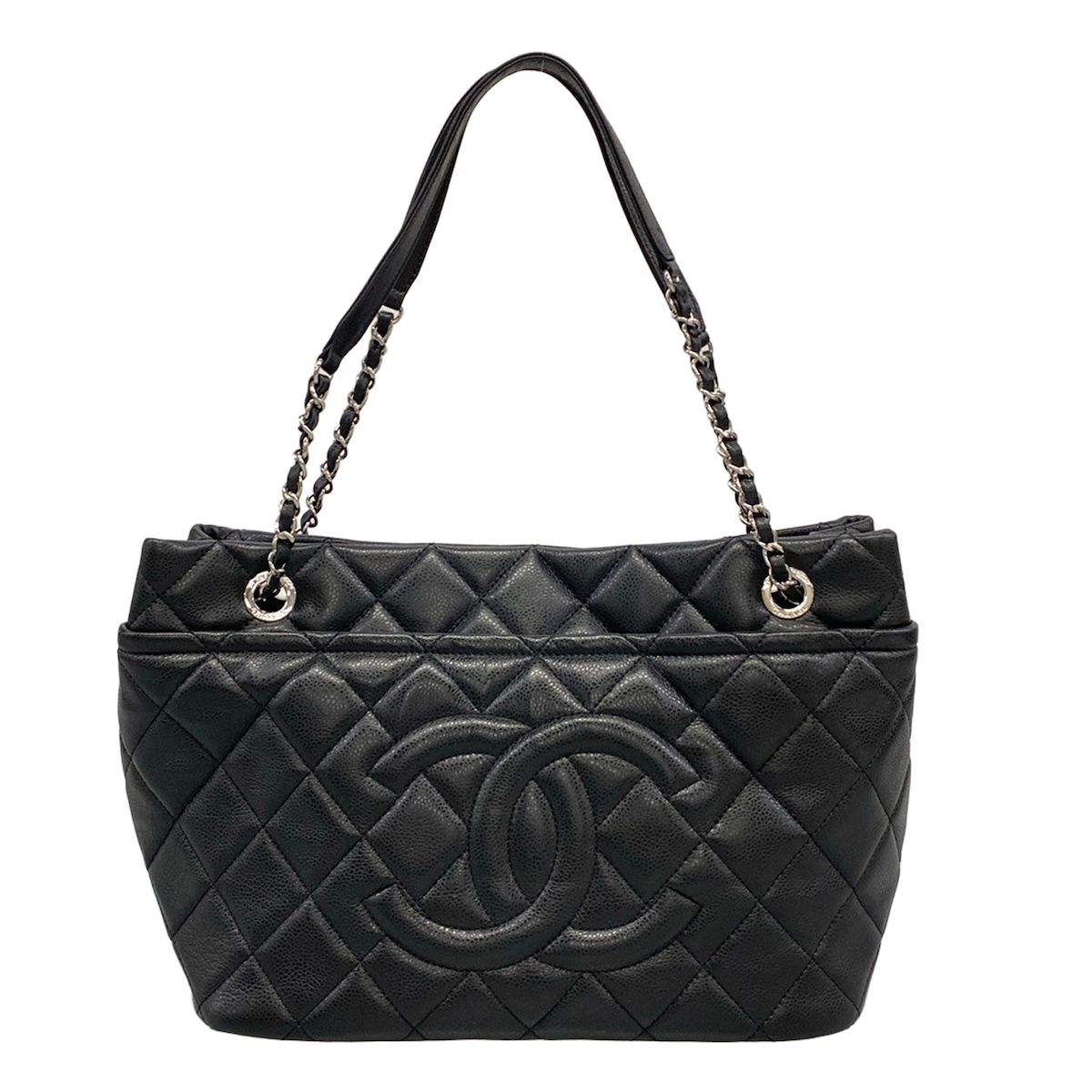 Chanel Tote Bag Quilted Black Chain Shoulder Silver