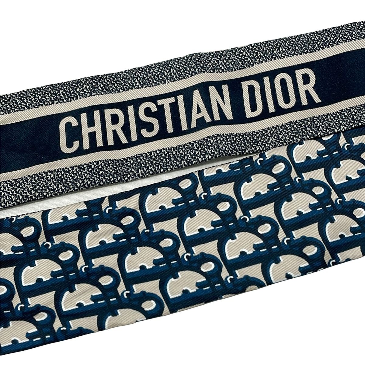 Dior Scarf Navy Dark Beige Ribbon Logo Glam — view 5