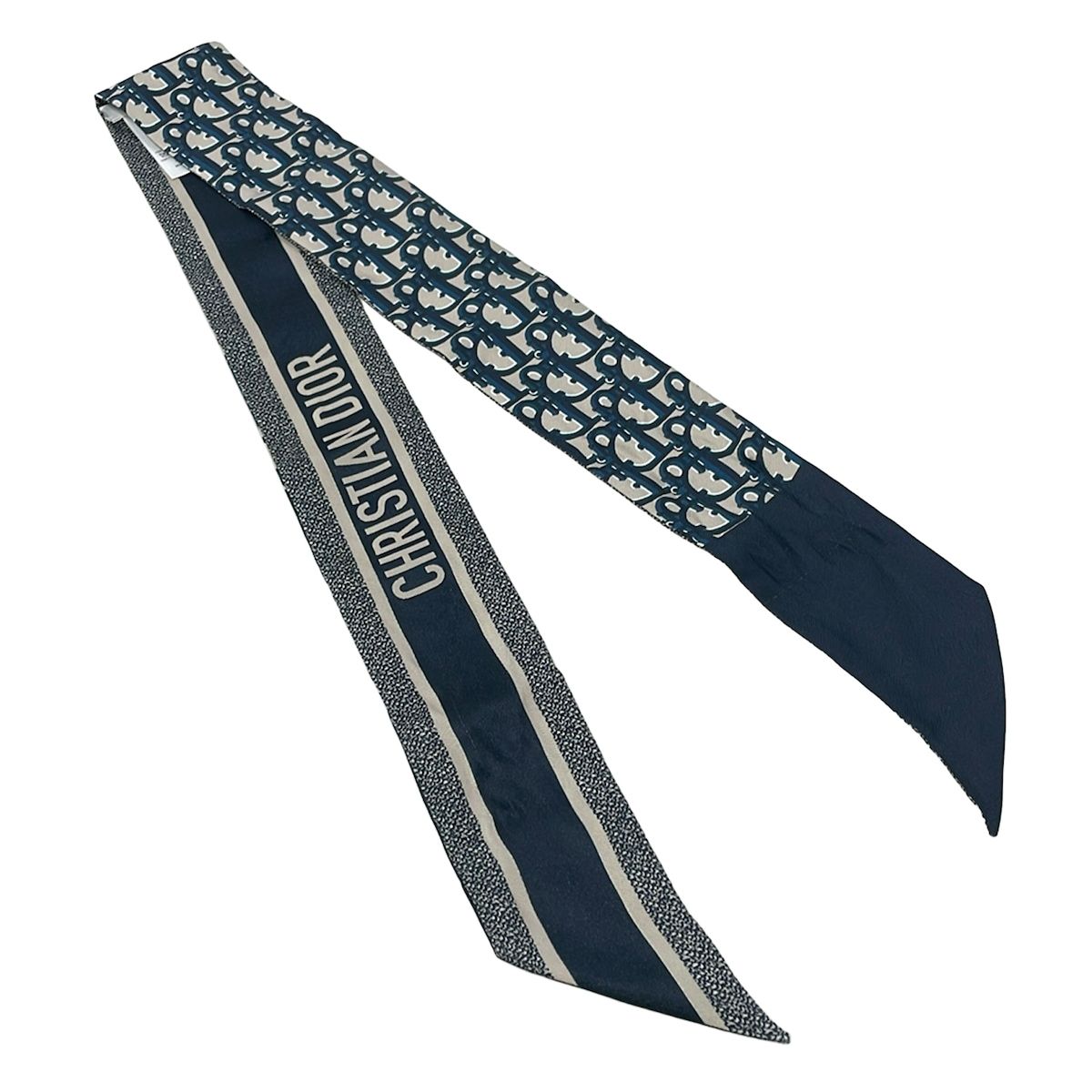Dior Scarf Navy Dark Beige Ribbon Logo Glam — view 3