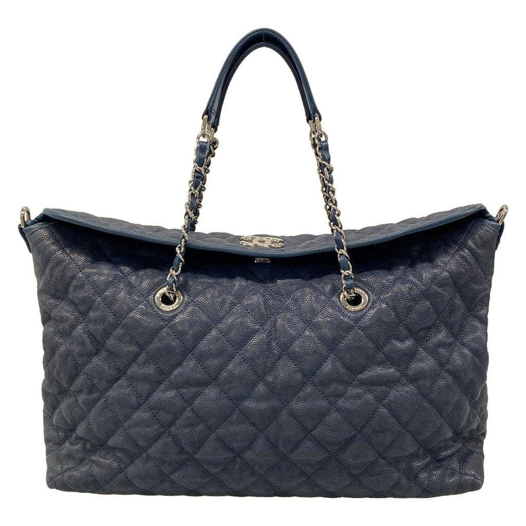 Chanel Tote Bag Quilted Navy Chain Shoulder Silver