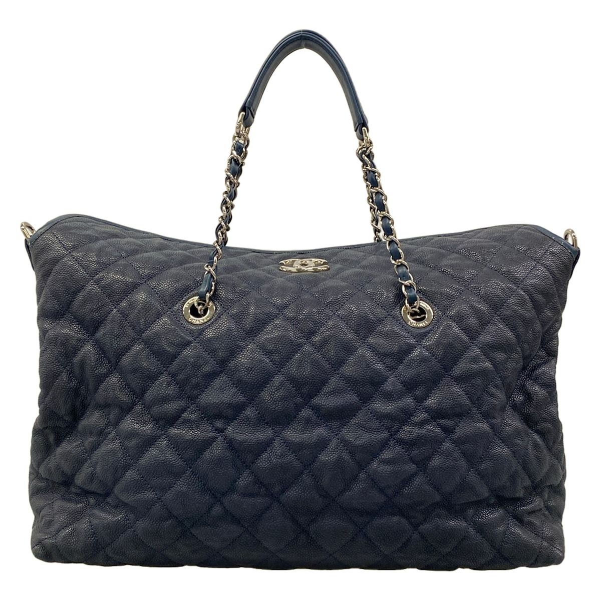 Chanel Tote Bag Quilted Navy Chain Shoulder Silver — view 3