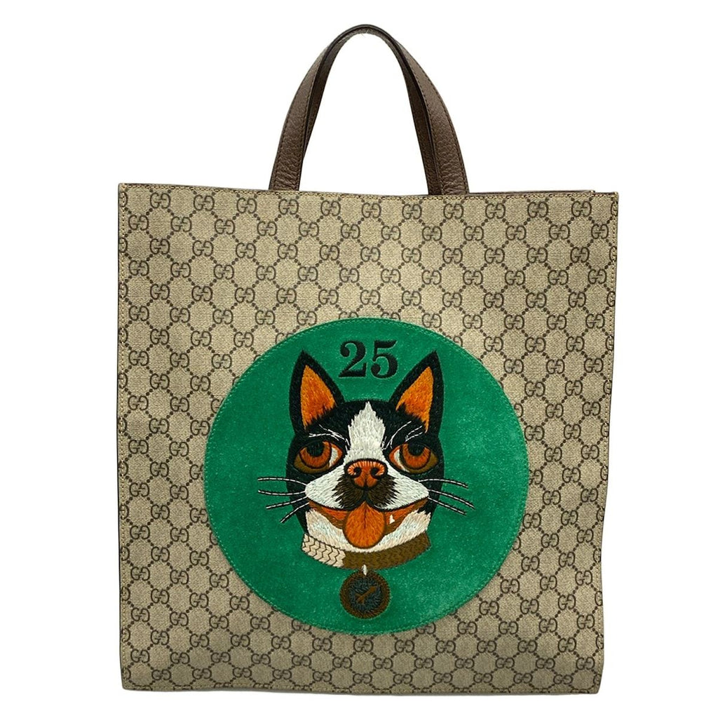 Gucci Tote Bag Soft GG Supreme Beige Dark Brown Leather