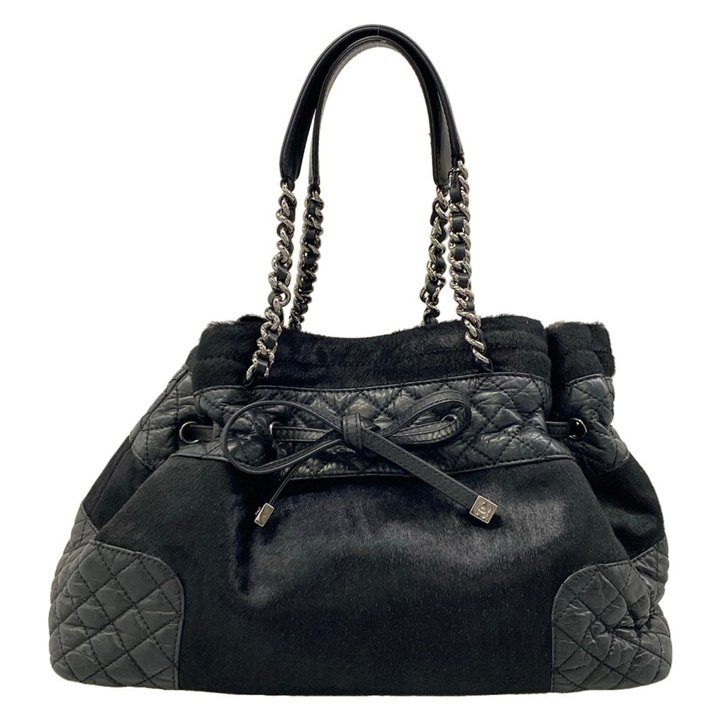 Chanel Tote Bag Black Chain Shoulder Silver Leather
