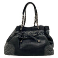Chanel Tote Bag Black Chain Shoulder Silver Leather