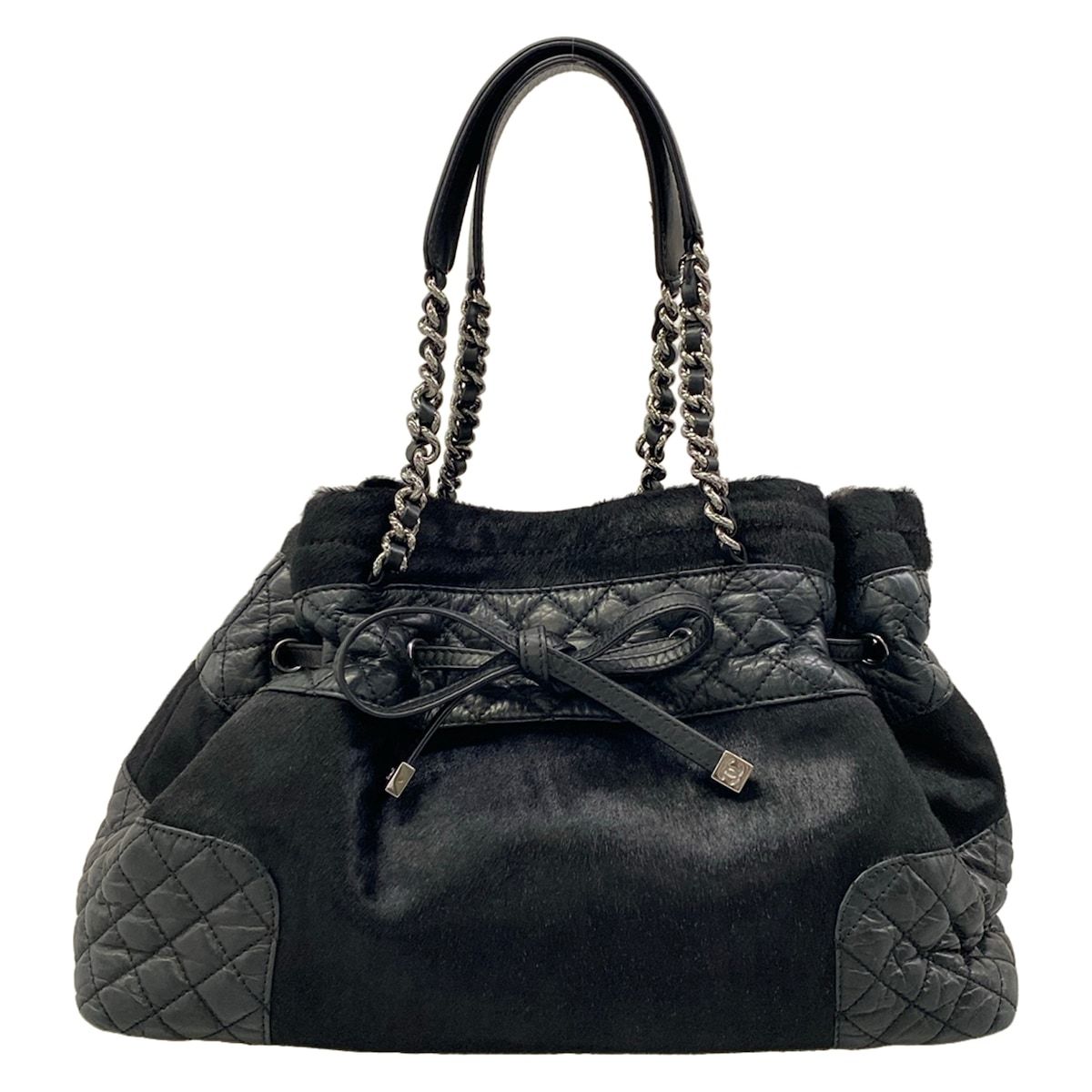 Chanel Tote Bag Black Chain Shoulder Silver Leather