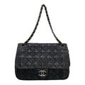 Chanel Shoulder Bag Black Chain Silver Embroidery Leather