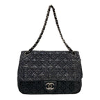 Chanel Shoulder Bag Black Chain Silver Embroidery Leather