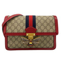 Gucci Shoulder Bag Bee Queen Margaret Beige Dark Brown Red Leather