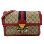 Gucci Shoulder Bag Bee Queen Margaret Beige Dark Brown Red Leather