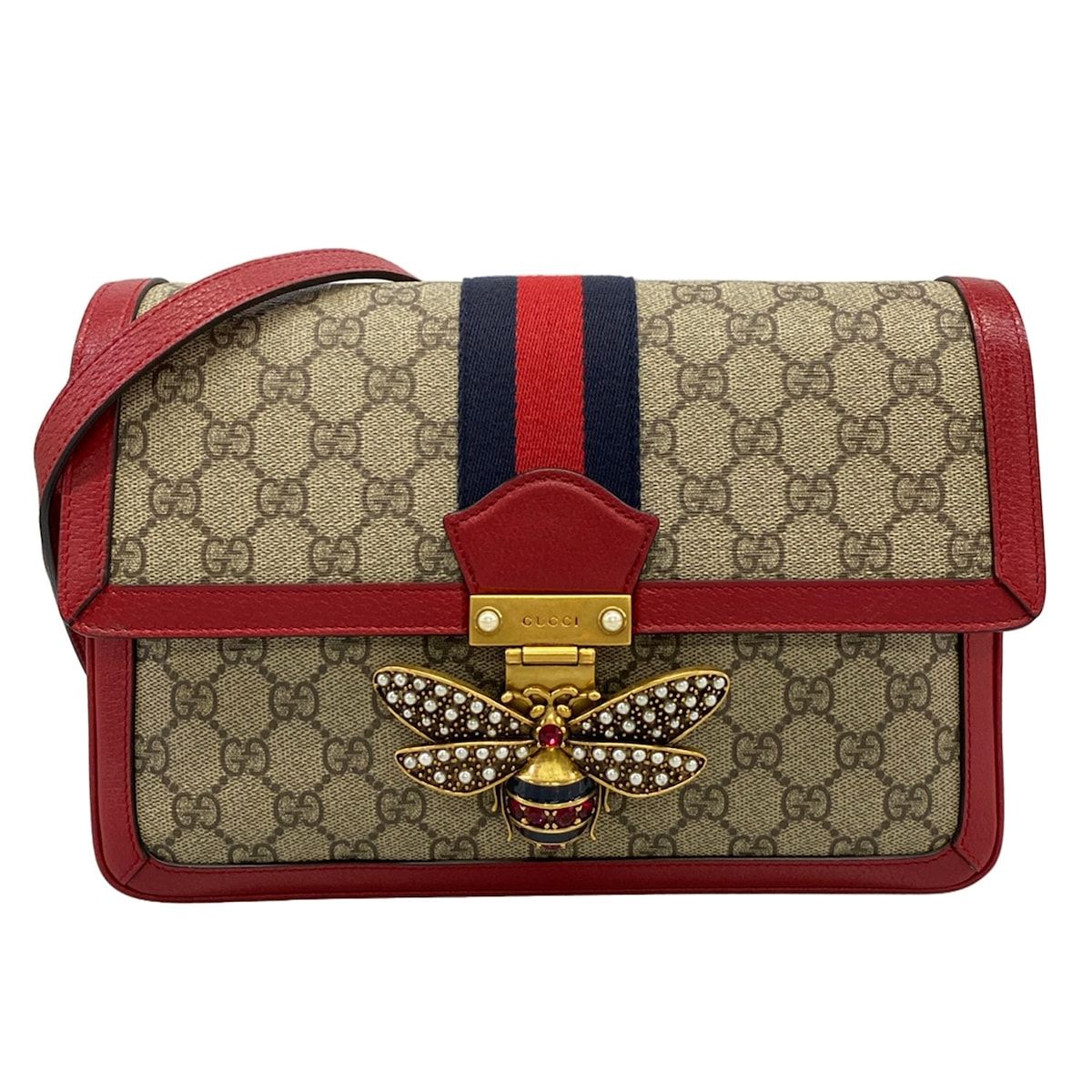 Gucci Shoulder Bag Bee Queen Margaret Beige Dark Brown Red Leather