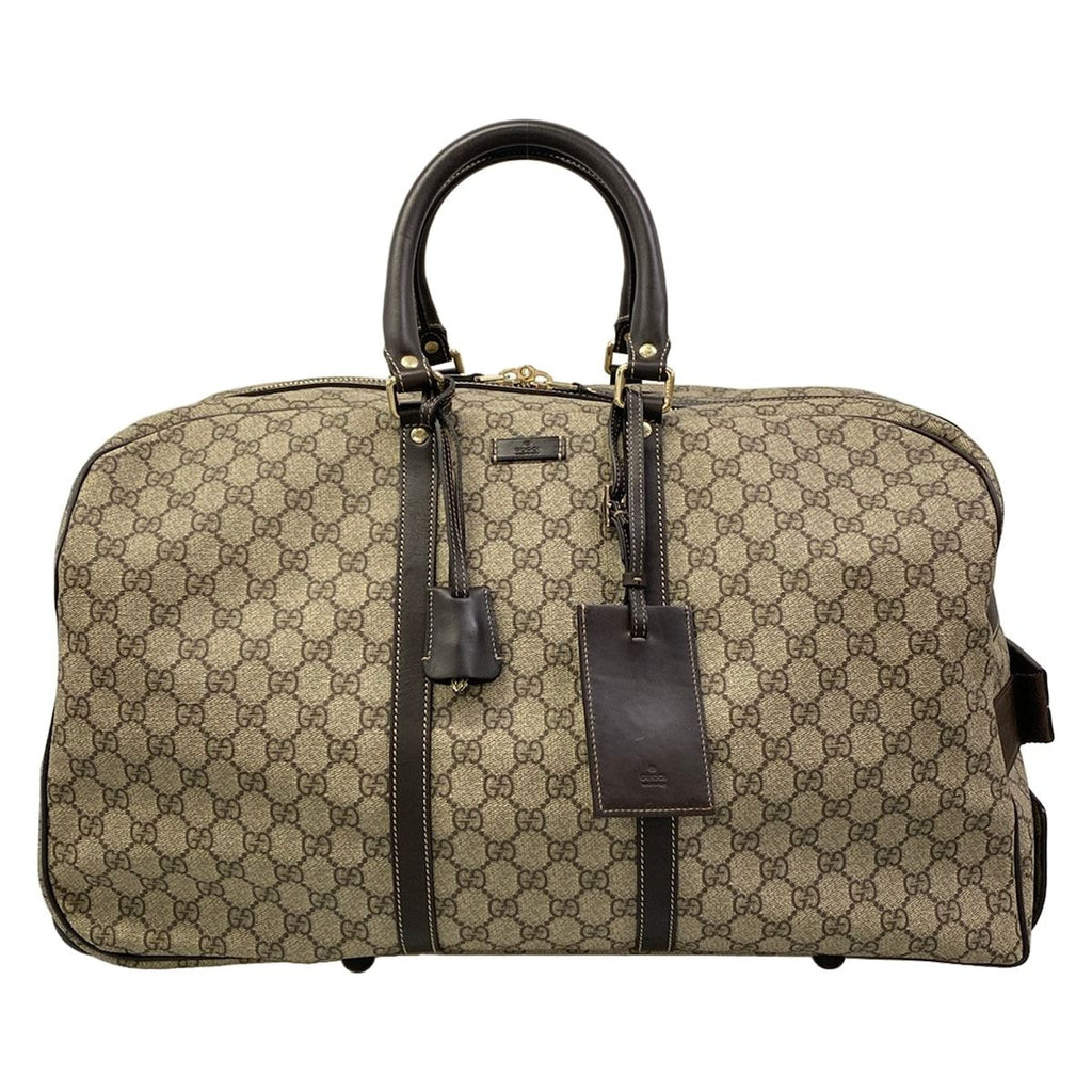 Gucci Travel Bag GG Supreme Beige Dark Brown 2-Way Leather