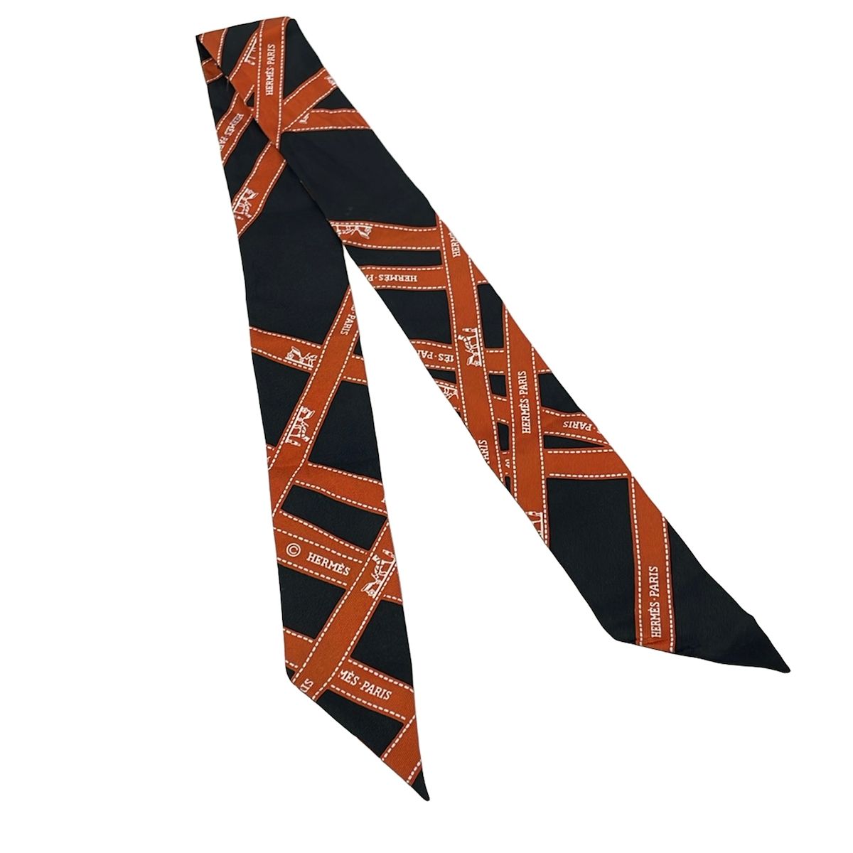 Hermes Scarf Twilly Black Orange Ribbon Bolduc Pattern — view 4