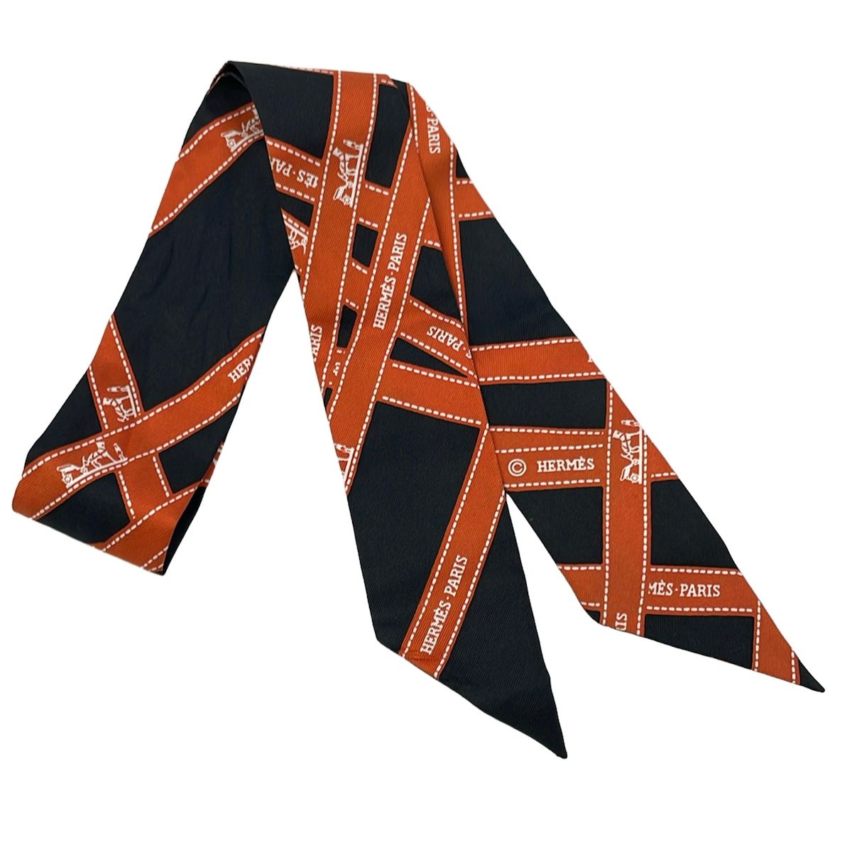 Hermes Scarf Twilly Black Orange Ribbon Bolduc Pattern