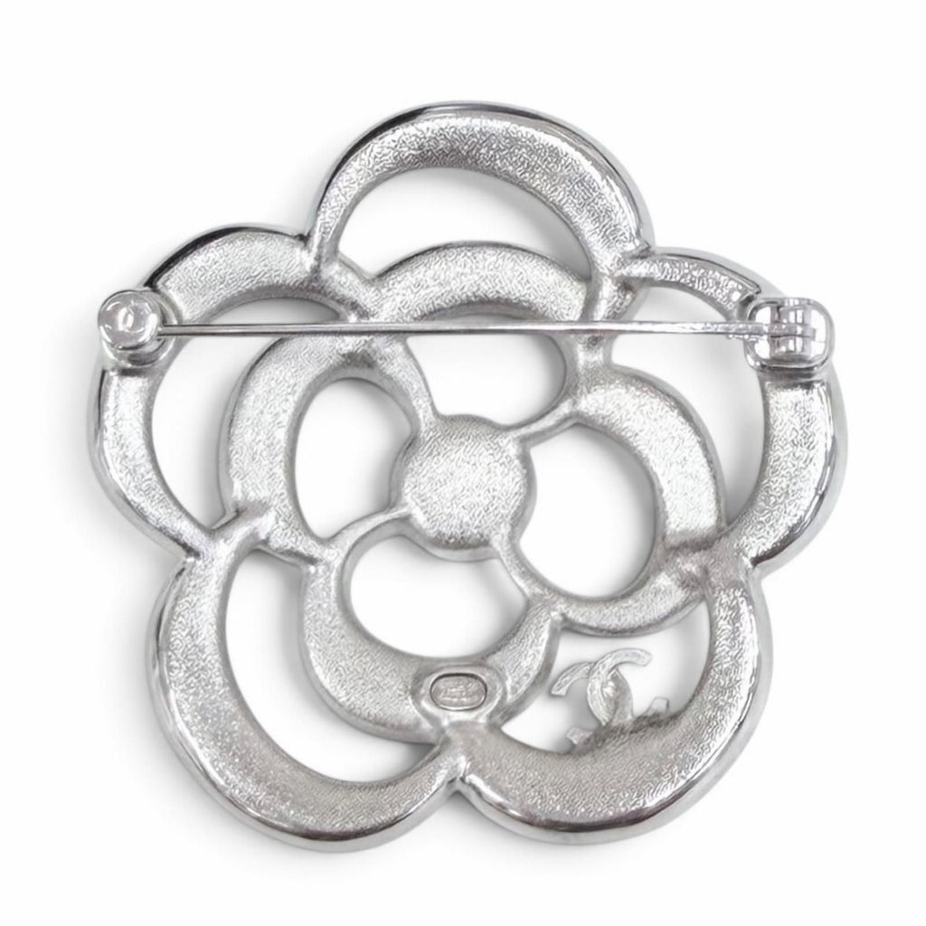 Chanel Camellia CC Logo Pearl Rhinestone Heart Star Brooch Silver — view 3