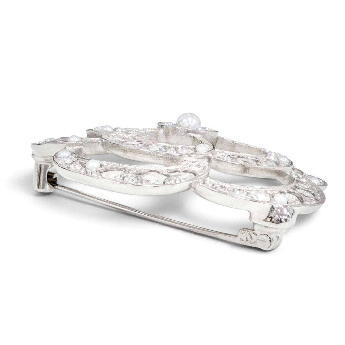 Chanel Camellia CC Logo Pearl Rhinestone Heart Star Brooch Silver — view 4