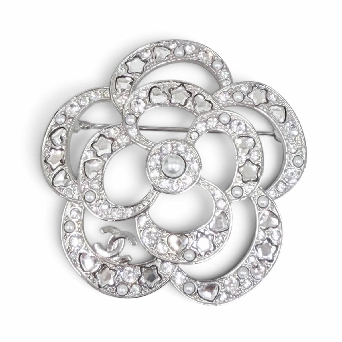 Chanel Camellia CC Logo Pearl Rhinestone Heart Star Brooch Silver