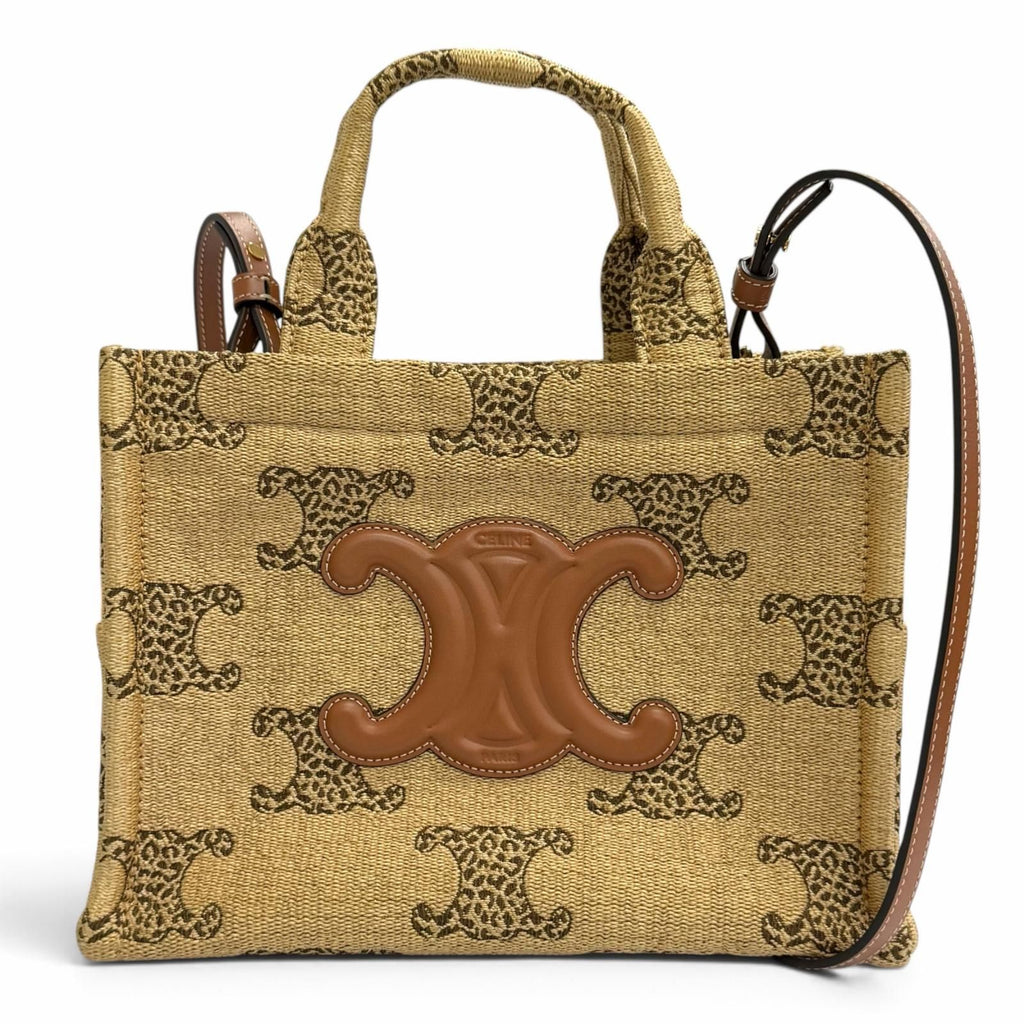Celine Small Cabas Thais Raffia Effect Triomphe All Over Print 2-Way Shoulder