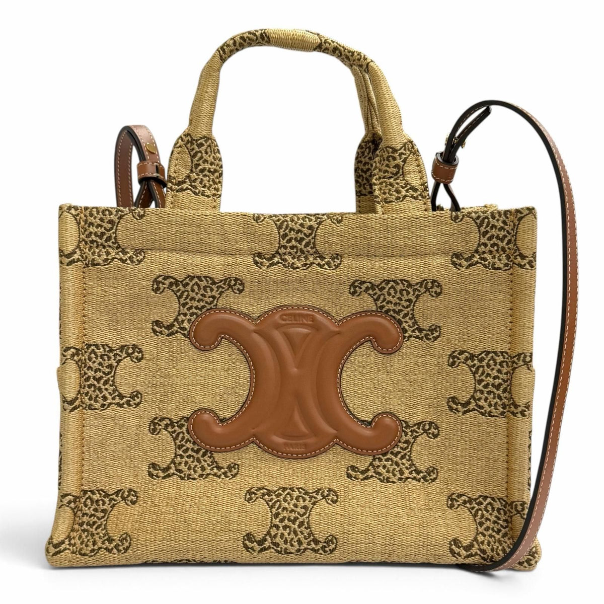 Celine Small Cabas Thais Raffia Effect Triomphe All Over Print 2-Way Shoulder