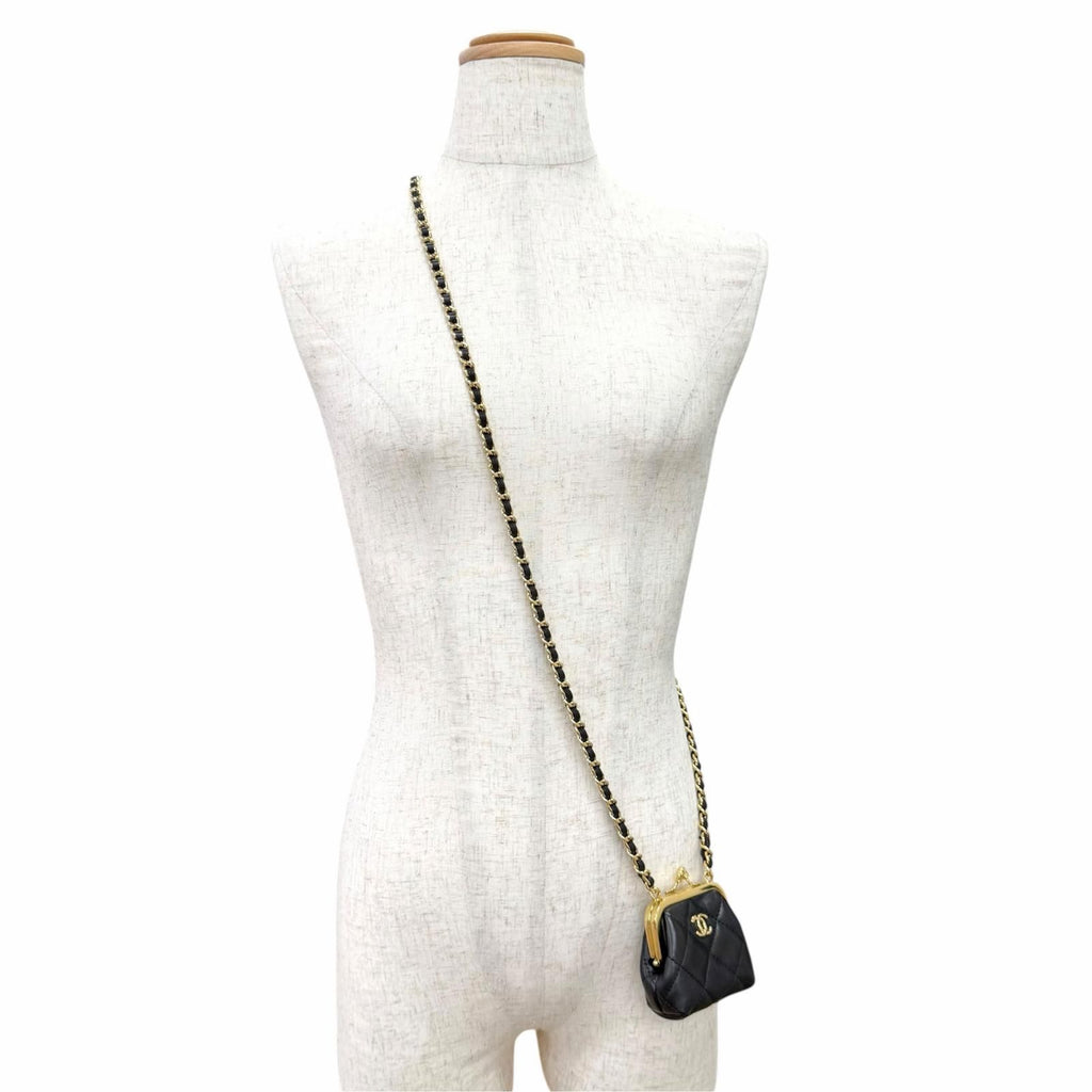 Chanel Lambskin Quilted CC Logo Kiss Lock Mini Chain Shoulder Bag Black — view 3