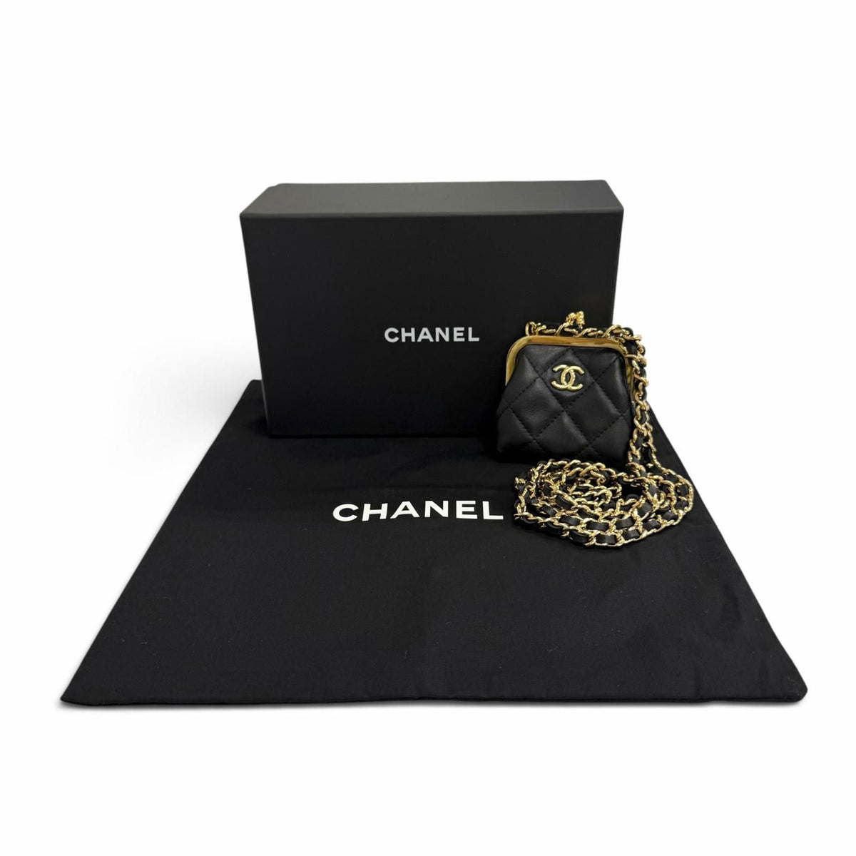 Chanel Lambskin Quilted CC Logo Kiss Lock Mini Chain Shoulder Bag Black — view 2