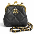 Chanel Lambskin Quilted CC Logo Kiss Lock Mini Chain Shoulder Bag Black