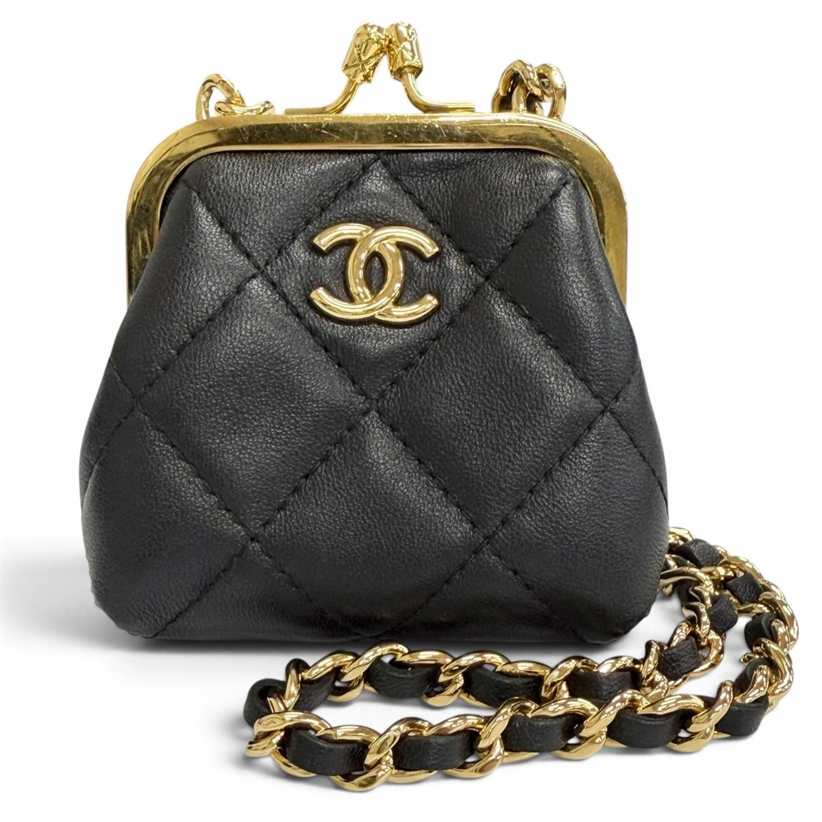 Chanel Lambskin Quilted CC Logo Kiss Lock Mini Chain Shoulder Bag Black
