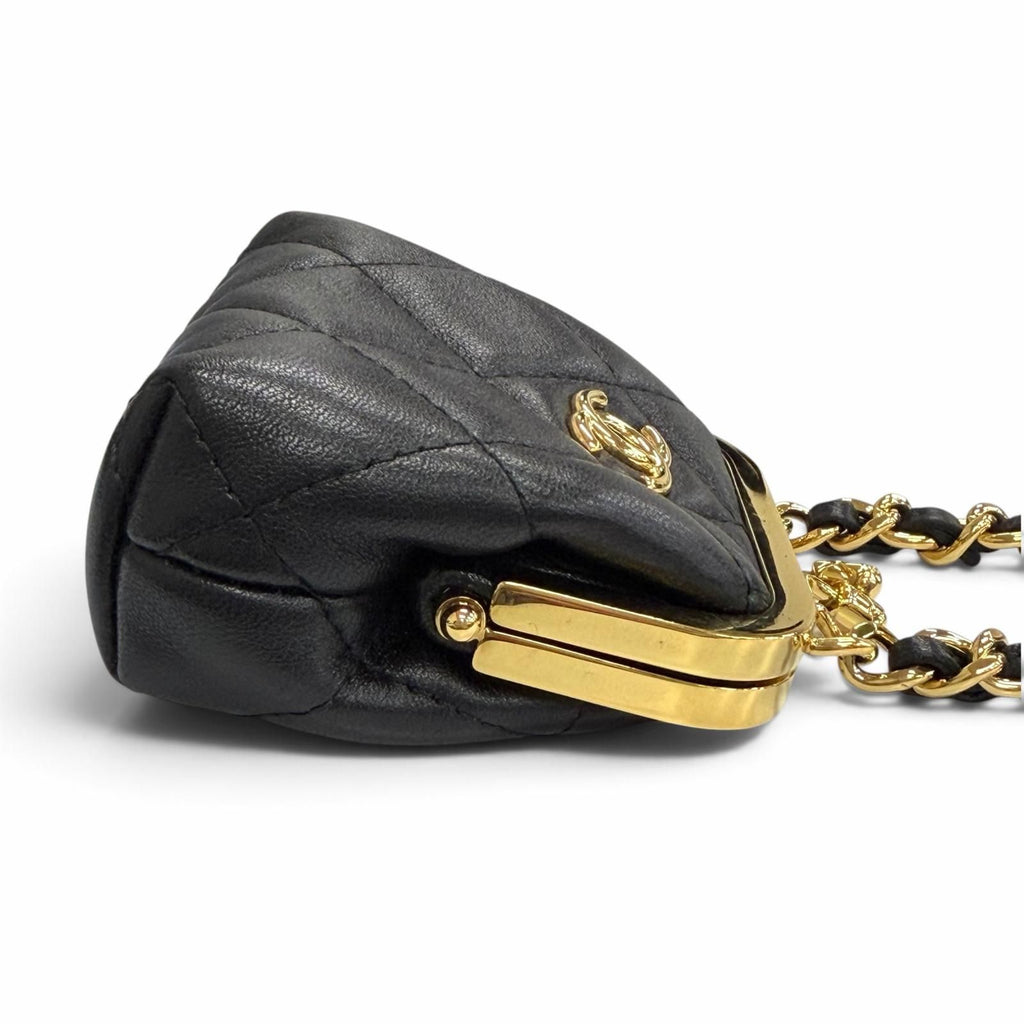 Chanel Lambskin Quilted CC Logo Kiss Lock Mini Chain Shoulder Bag Black — view 5
