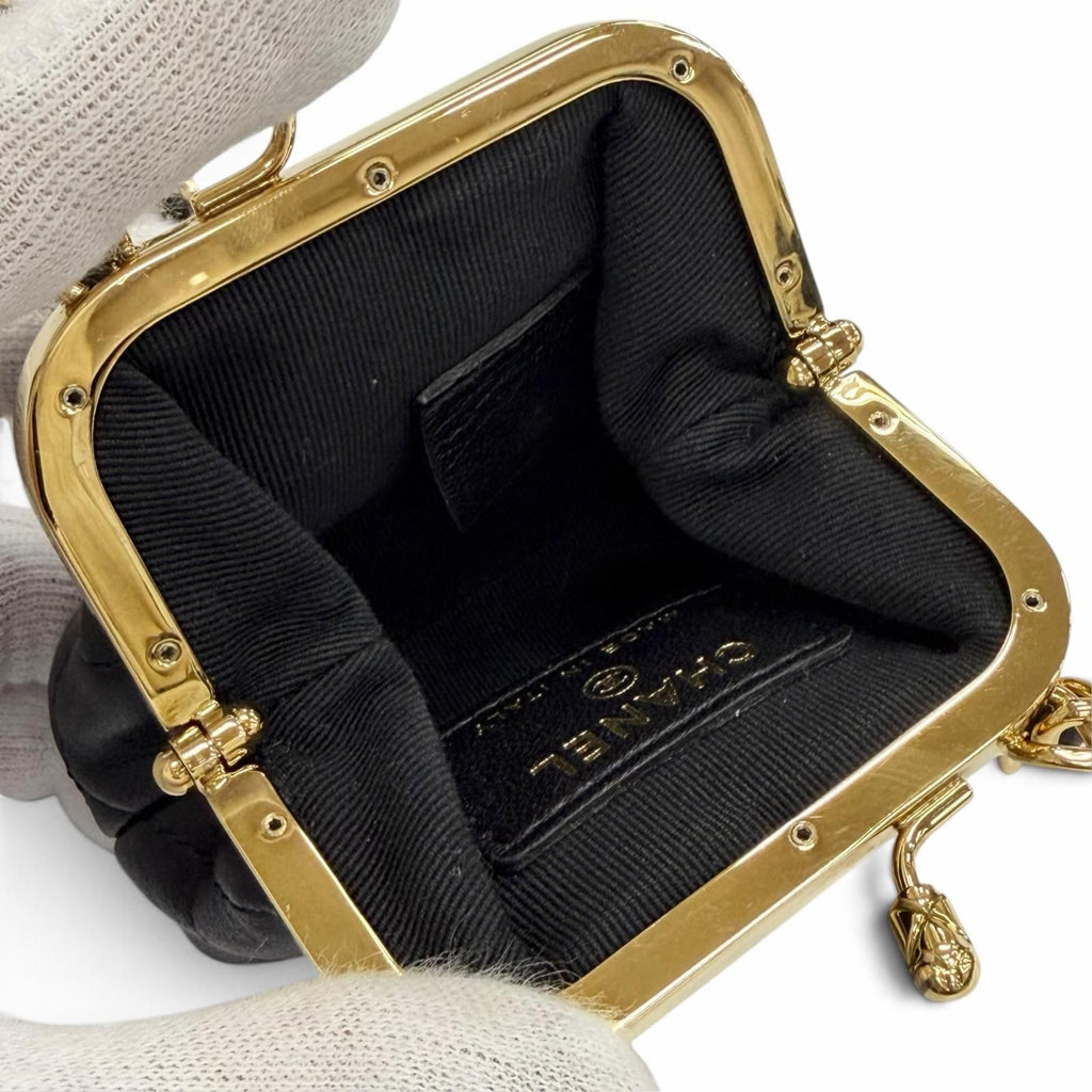 Chanel Lambskin Quilted CC Logo Kiss Lock Mini Chain Shoulder Bag Black — view 7