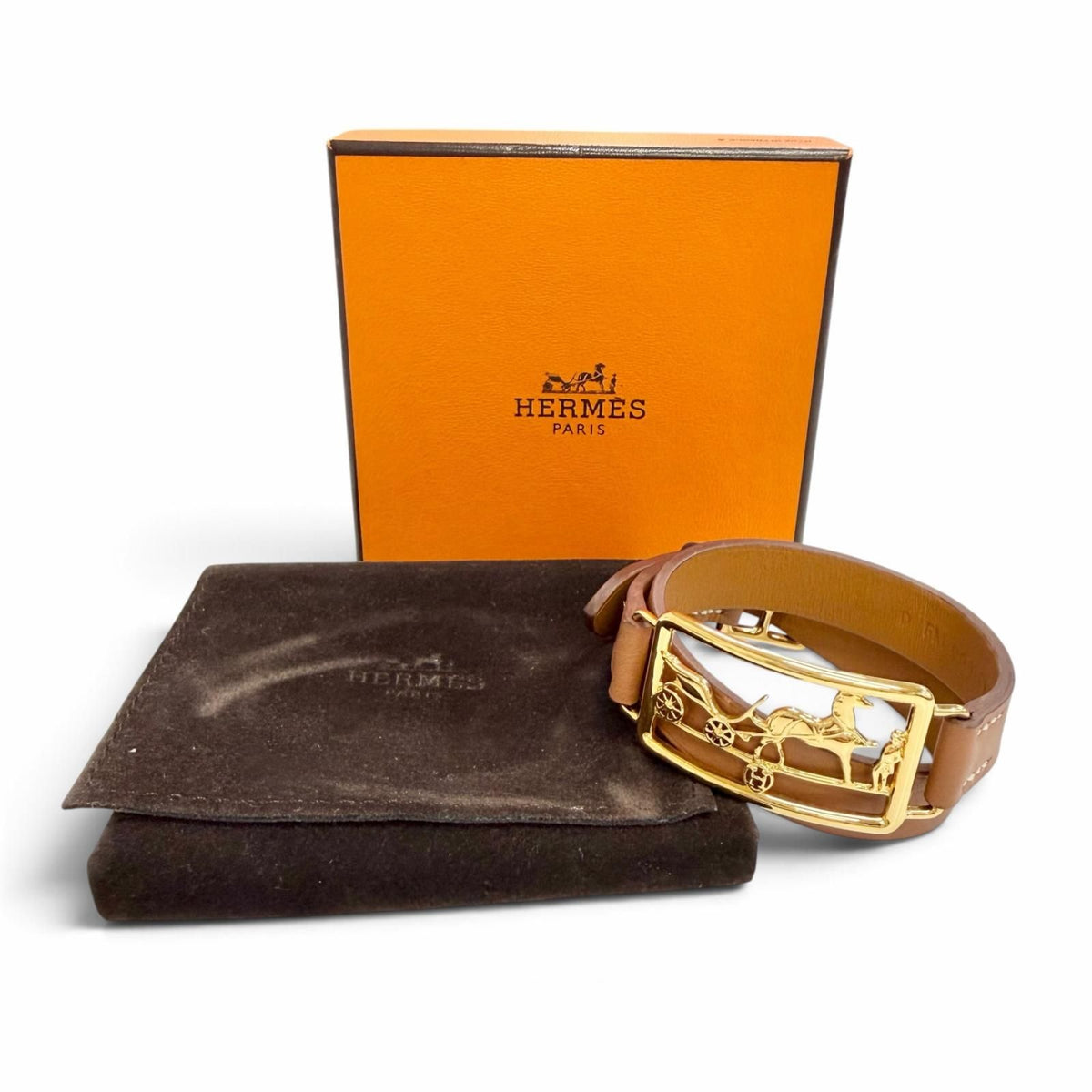 Hermes Caleche Double Tour Bracelet Leather Gold Brown — view 2