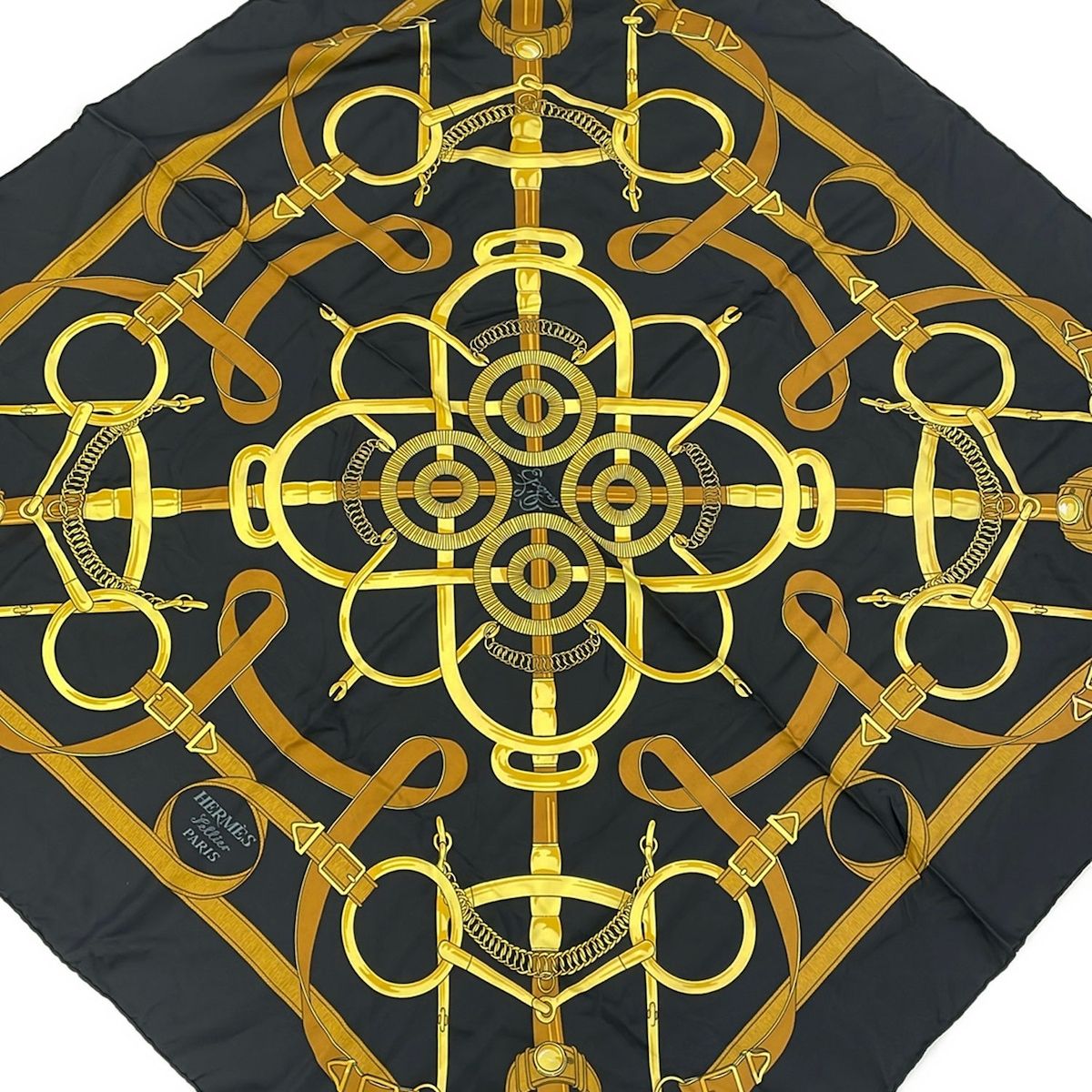 Hermes Scarf Carre 90 Black Brown Yellow