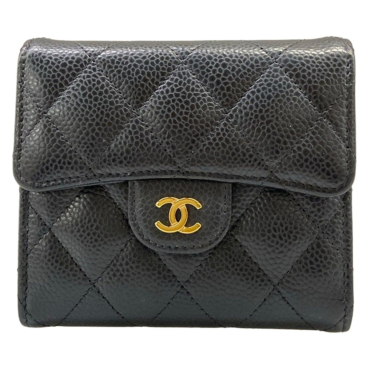 Chanel Trifold Wallet Quilted Black CC Logo Gold