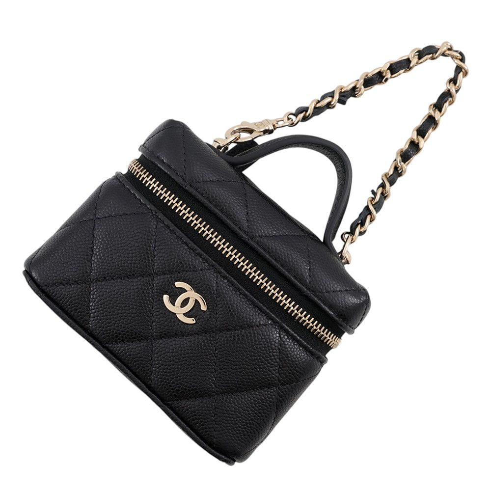 Chanel Charm CC Logo Quilted Mini Bag Caviar Leather Mini Pouch Case Black