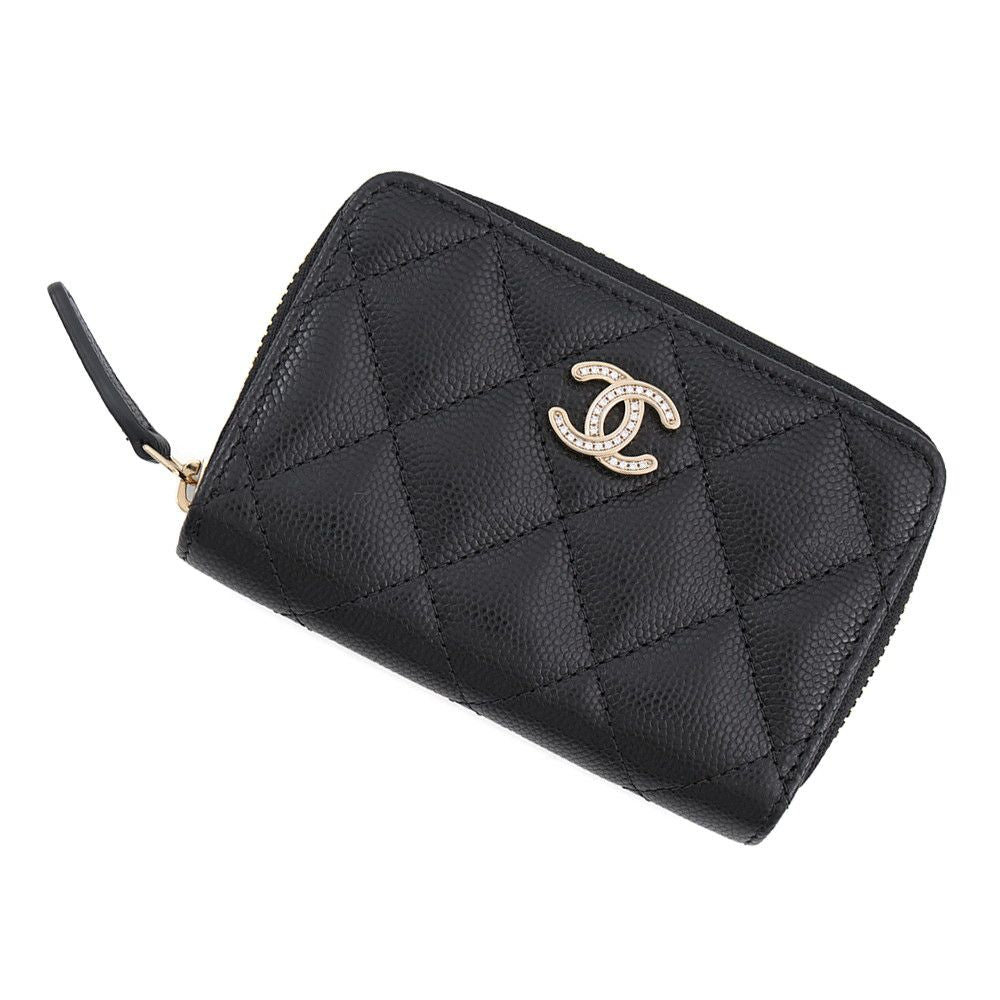 Chanel Coin Purse Quilted CC Logo Caviar Leather Rhinestone Black