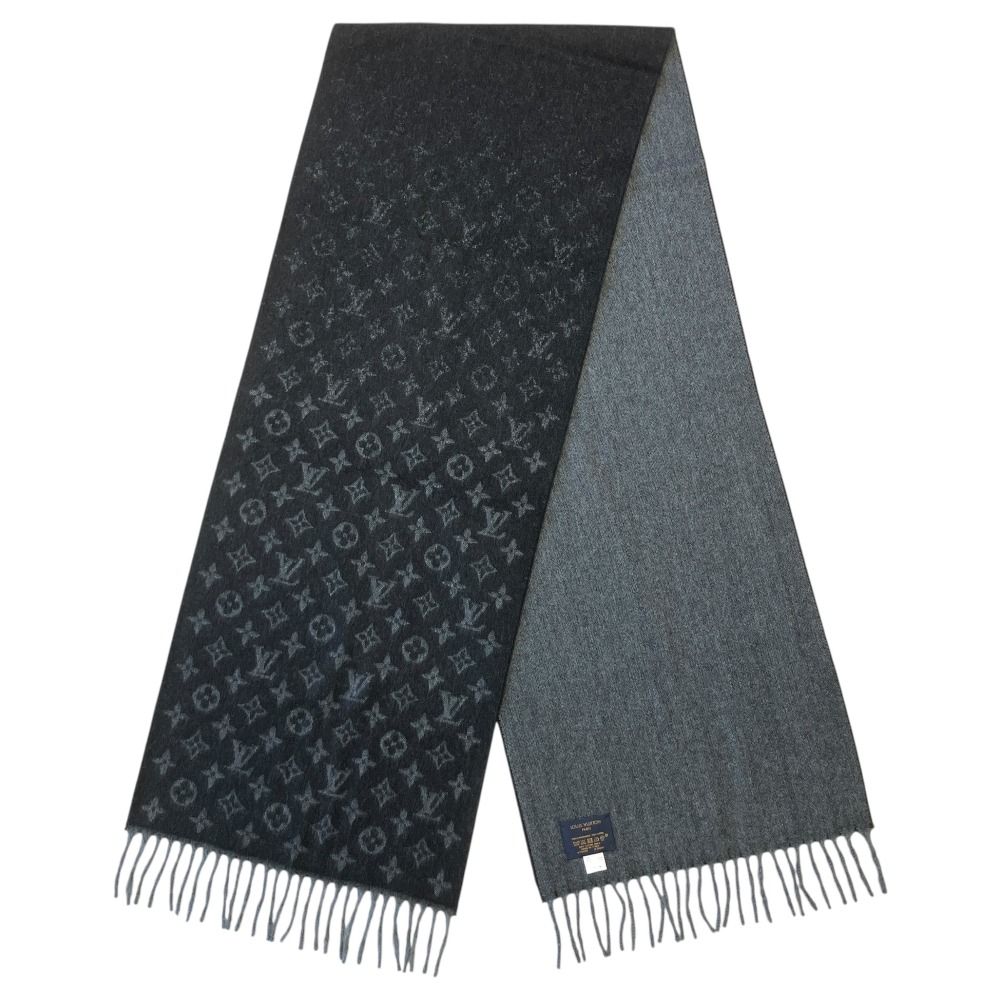 Louis Vuitton Scarf Monogram Gradient Cashmere Wool Fringe Black Gray