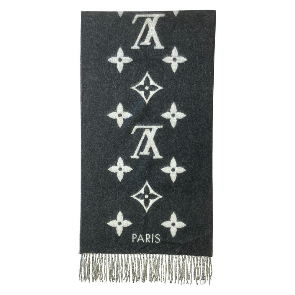 Louis Vuitton Scarf Reykjavik Cashmere Monogram Fringe Black Gray — view 2