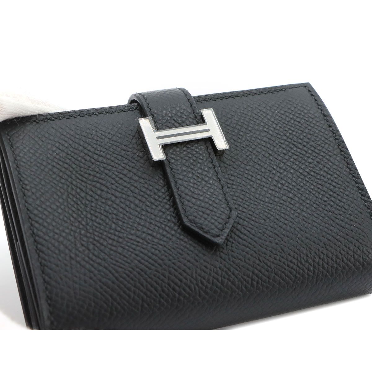 Hermes Bearn Mini Compact Coin Purse Card Case Epsom Black Silver — view 8