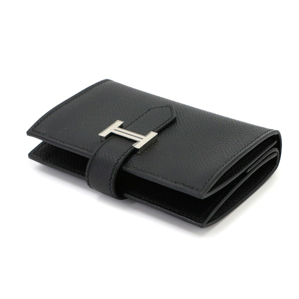 Hermes Bearn Mini Compact Coin Purse Card Case Epsom Black Silver — view 4