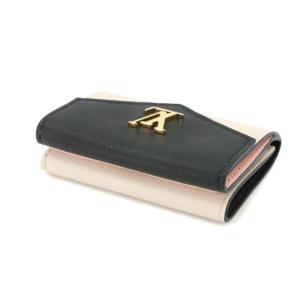 Louis Vuitton Portefeuille Lock Mini Trifold Wallet Leather Noir Beige — view 4