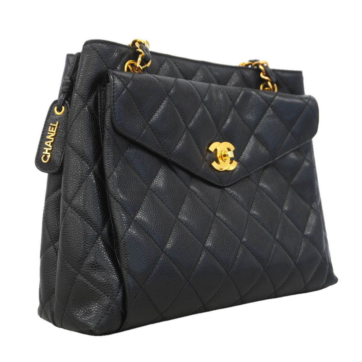 Chanel Chain Tote Bag Quilted Caviar Leather Black Gold — view 2