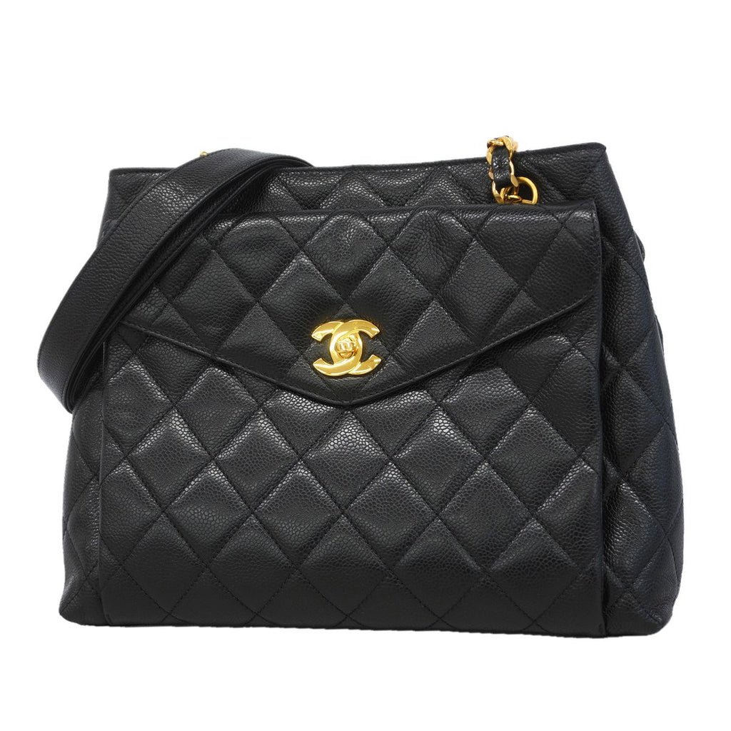 Chanel Chain Tote Bag Quilted Caviar Leather Black Gold