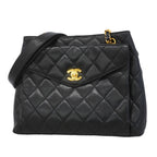 Chanel Chain Tote Bag Quilted Caviar Leather Black Gold