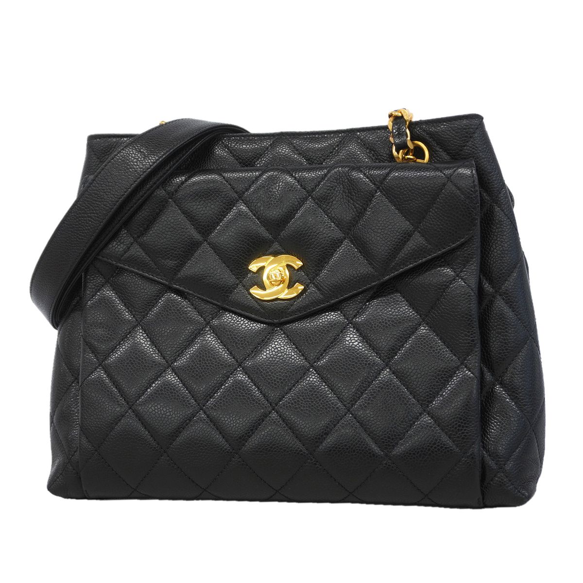 Chanel Chain Tote Bag Quilted Caviar Leather Black Gold