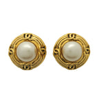 Chanel Earrings Vintage CC Logo Round Circle Gold Plated Faux Pearl