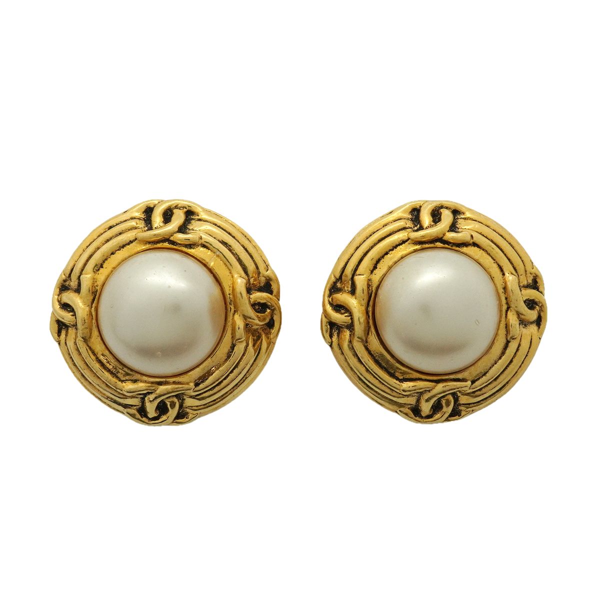Chanel Earrings Vintage CC Logo Round Circle Gold Plated Faux Pearl