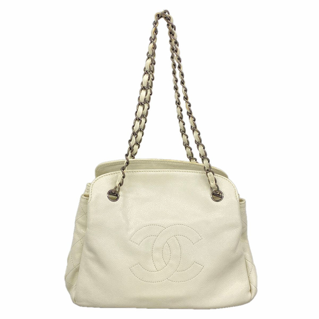 Chanel Shoulder Bag Caviar Leather White Silver