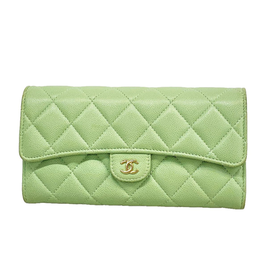 Chanel Wallet Quilted Caviar Leather Green Champagne Gold